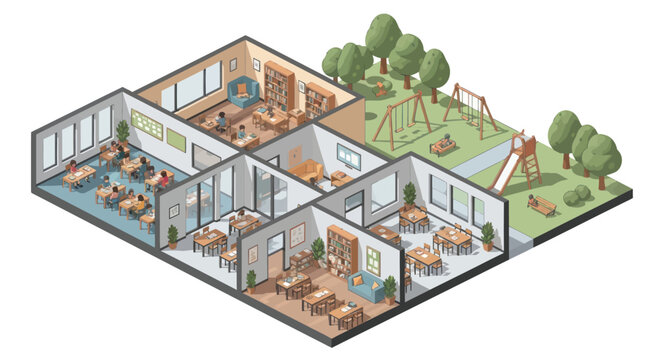 Isometric School Building Layout with Classrooms and Playground