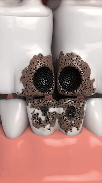 Detailed CGI Macro View Illustrating Interproximal Dental Caries Progression Showing Tooth Decay Process and Enamel Erosion on White Background