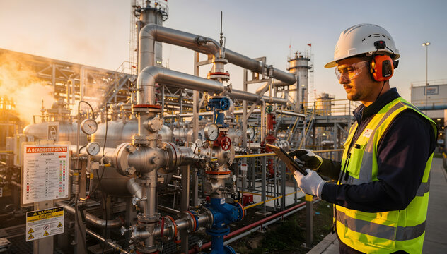 Serious male technician in hard hat and safety gear inspects industrial pipes and processing equipment in a chemical plant or oil refinery at sunset