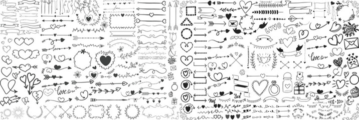 Flower frame, vintage ribbon vector element. Hand drawn doodle cute floral border, arrow, banner ribbon set. Wedding swirl element, floral frame, flower decorative element