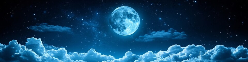 Naklejka premium Enchanting Moonlit Night Over a Sea of Clouds with Twinkling Stars and a Deep Blue Sky Above
