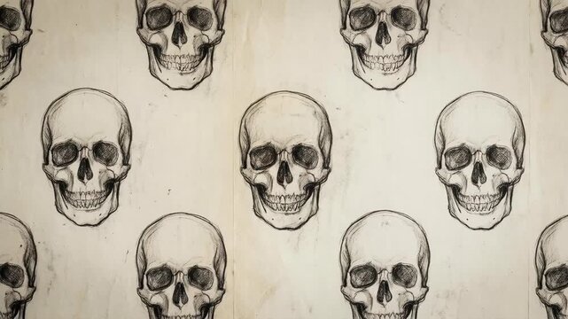 Hand drawn orange skulls on black concept. Seamless pattern of bright orange skulls on black background for Halloween and spooky design