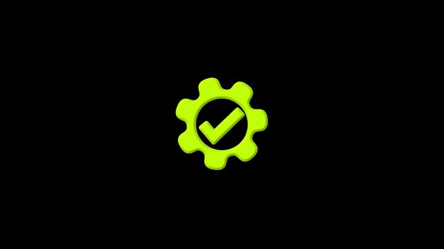 Bright Yellow Gear with Checkmark Icon on Black Background cogwheel tick
