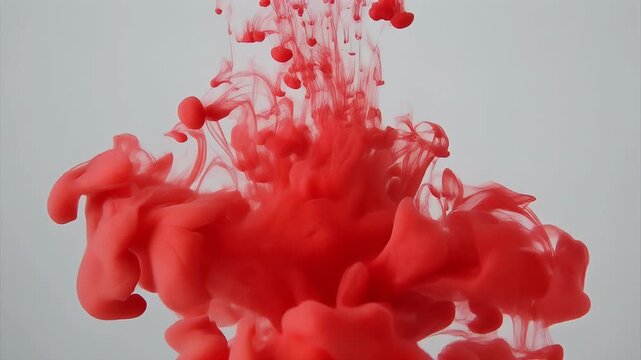 A vibrant red cloud of ink gracefully disperses in water, creating an abstract and mesmerizing visual display against a clean, neutral background.