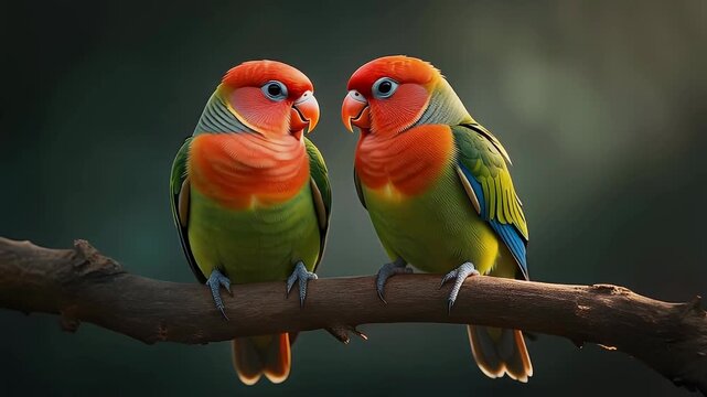 A captivating close-up showcases two vibrant lovebirds perched gracefully on a branch, their colorful plumage and affectionate gaze creating a heartwarming scene.