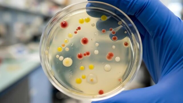 Scientist in blue glove holding petri dish with various bacteria and microbial colonies. Laboratory experiment for science, research, and analysis