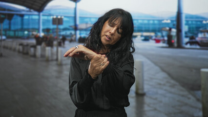 Fototapeta premium Woman rubs left wrist at airport terminal curbside wearing black dress and rings, eyes closed in a slight grimace; travel discomfort.