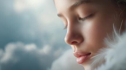 Obraz premium Close-up of a serene white angel face with soft feathered wings, glowing ethereal light on skin, defocused heavenly clouds behind, angel, heaven, divine beauty, spiritual guardian, faith,