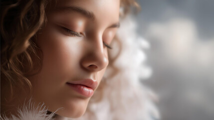 Naklejka premium Close-up of a serene white angel face with soft feathered wings, glowing ethereal light on skin, defocused heavenly clouds behind, angel, heaven, divine beauty, spiritual guardian, faith,