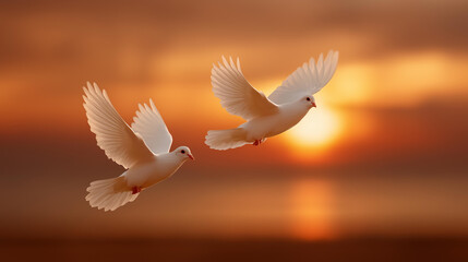 Pair of white doves in flight against a blazing orange sunset, wings fully extended, defocused horizon clouds below, peace, freedom, holy spirit, hope, divine symbol, spirituality, faith,