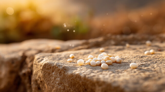 Close-up of small round white seeds scattered on an ancient stone surface with soft golden light, defocused earthy desert ground in background, biblical miracle, manna, divine provision, faith,
