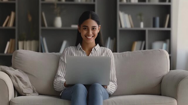 A smiling young woman sits comfortably on a sofa, focused on her laptop and seemingly engaged in a positive online activity within a modern, well-organized living room setting.