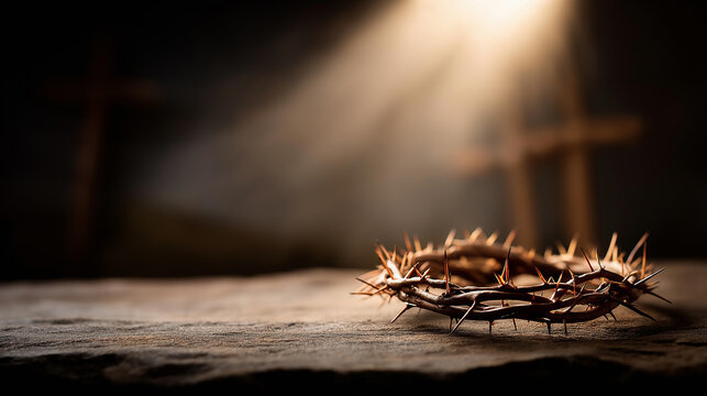 Detailed crown of thorns resting in a shaft of dramatic spotlight on dark stone, defocused wooden crosses on a distant hill at sunset, Passion Week, sacrifice, Good Friday, Easter, Christian