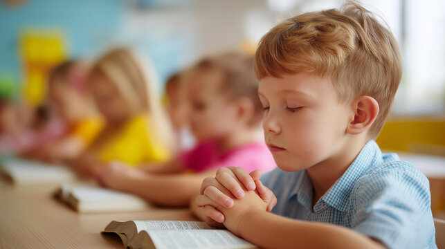 Group of faceless children in a bright Sunday school classroom, small hands folded in prayer on open scriptures, defocused colorful classroom background, children faith, religious education,