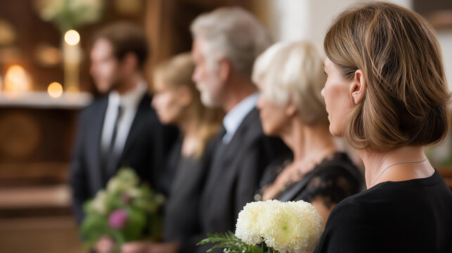 Group of faceless relatives gathered around a graveside listening to a sermon, black attire, flowers in hand, defocused chapel in background, funeral, memorial service, grief, remembrance,
