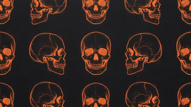Hand drawn orange skulls on black concept. Seamless pattern of orange human skulls on black background spooky Halloween design