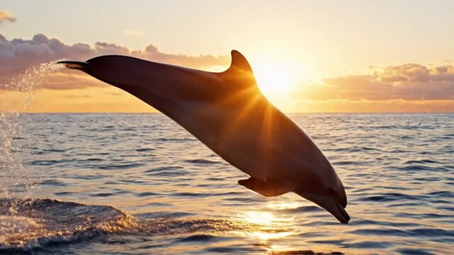 Dolphin jumping sunset in graceful midair arc above calm ocean waters, warm golden sunlight illuminating sleek marine mammal against colorful twilight sky