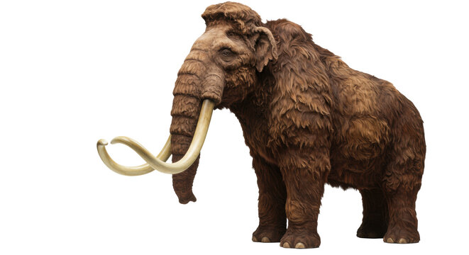 Majestic woolly mammoth, shaggy dark brown fur, massive spiraling ivory tusks, hyper-realistic, low-angle studio portrait against a transparent background, Concept of prehistoric extinction