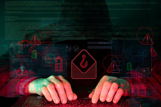 Hacker Typing with Phishing Hook and Security Warning Overlay, representing malicious emails, data breach threat and online intrusion