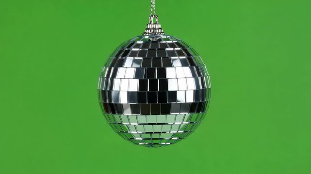 Classic reflective silver mirror ball hanging isolated on a solid green chroma key background