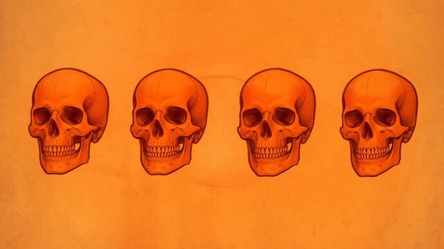 Hand drawn orange skulls on black concept. Four detailed orange human skull illustrations with artistic shading on vibrant background