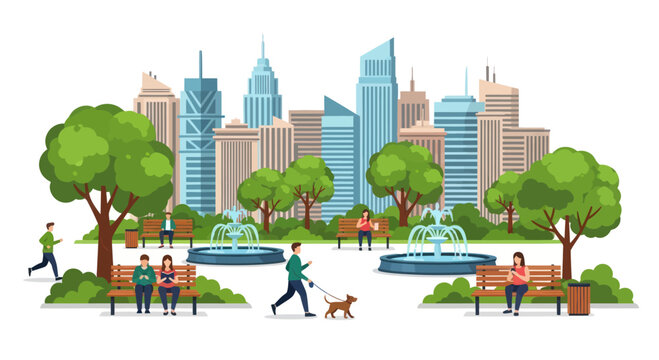 City Park Metropolis Scene: People Relaxing, Walking Dogs, and Fountain Amidst Skyscrapers