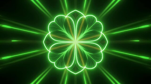 A vibrant, glowing four-leaf clover radiates from a central point, surrounded by radiating green lines against a dark background, symbolizing luck and prosperity.