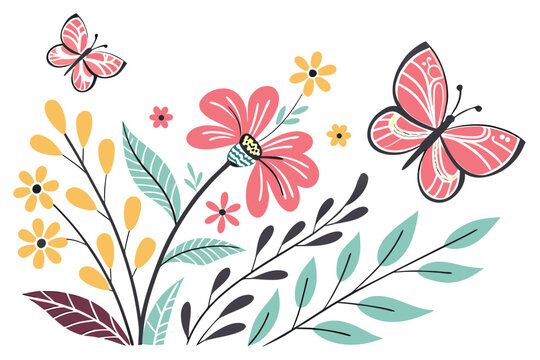 A lively and colorful flat illustration capturing the essence of spring with two elegant butterflies flitting around cheerful pink and yellow flowers and diverse foliage.