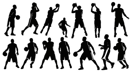 Collection of black silhouettes depicting basketball players in various action poses on a white background, showcasing dynamic movements.