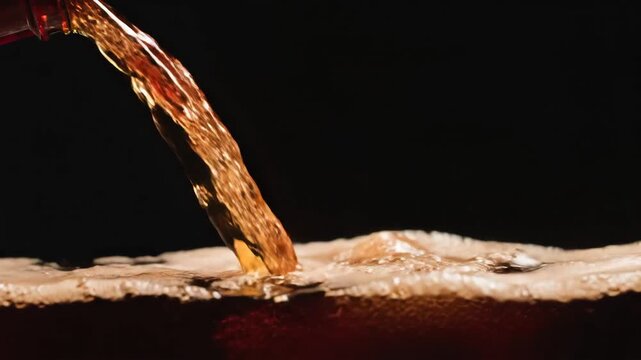 Close up of dark cola beverage being poured into a glass creating a frothy head of foam slow motion dark background.