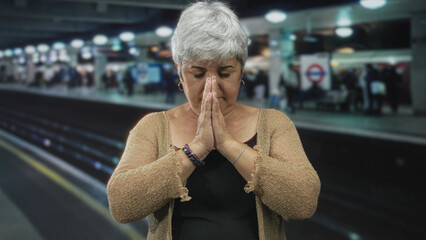 Plus size woman pressing hands together in prayer gesture on a subway platform in building  quiet reflection serenity. © Krakenimages.com