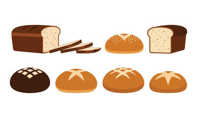 Various Bread Loaves and Rolls Vector Set on White Background