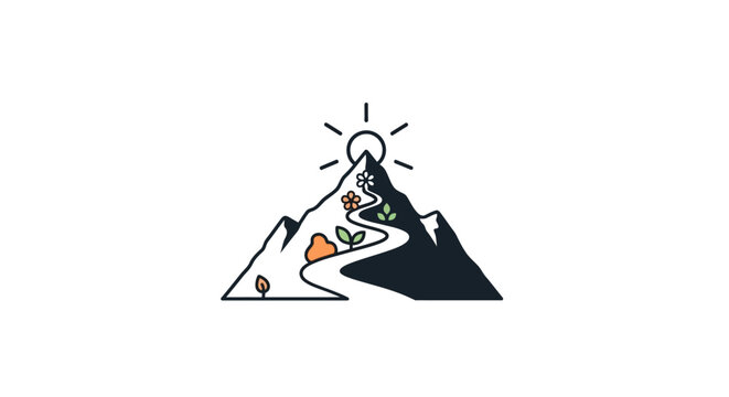 A symbolic illustration of a mountain scene featuring nature elements and sunlight