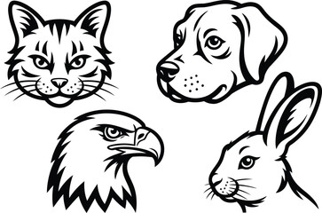 Obraz premium Four animal head illustrations, cat, dog, eagle and rabbit