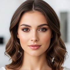 Naklejka premium A beautiful young woman with long brown hair and brown eyes