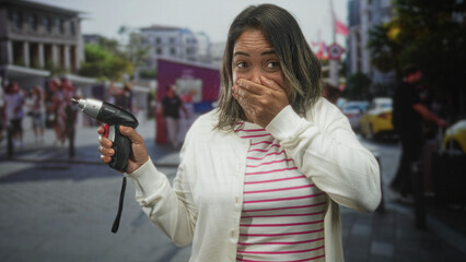 Hispanic woman holding a cordless screwdriver, right hand gripping the tool and left hand covering mouth gesture in busy street plaza with pedestrians  surprise. © Krakenimages.com