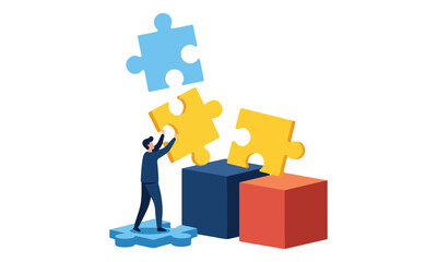 Man assembling puzzle pieces, business problem solving and strategy