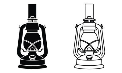 Vintage Kerosene Lantern Icons, Solid Black Silhouette and Outline