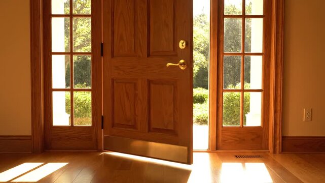 Sunlight streams through wooden front door into home interior