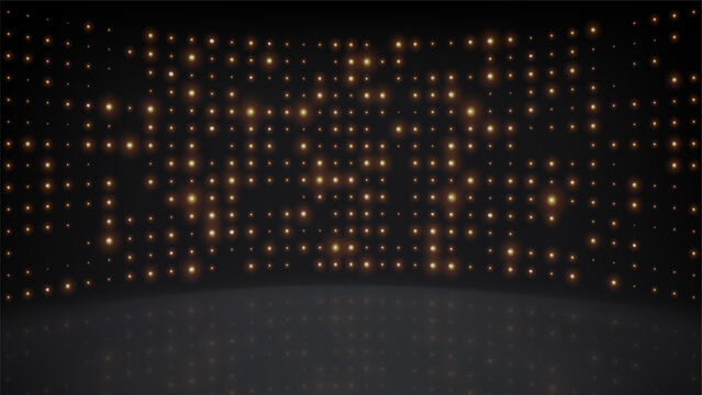 Flashing gold background led disco wall lights, stage. Golden glowing dots light bulbs abstract dark background, backdrop. Bright flicker stage lights. Futuristic dot pattern. Vector illustration