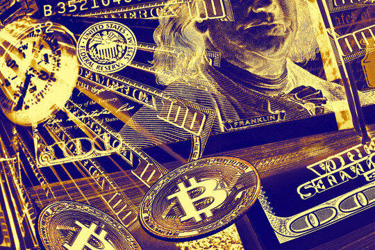 Conceptual money image with American one hundred dollar bills and Bitcoin coins. Surrealistic money collage, the concept of wealth and effective money management