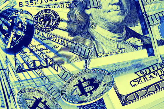 Conceptual money image with American one hundred dollar bills and Bitcoin coins. Surrealistic money collage, the concept of wealth and effective money management