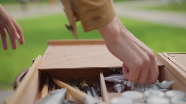 artist sets up paintbox in park, places palette on bench and arranges brushes and tubes hands reach into wooden case, sunlight on grass, casual plein air sketching session with relaxed mood