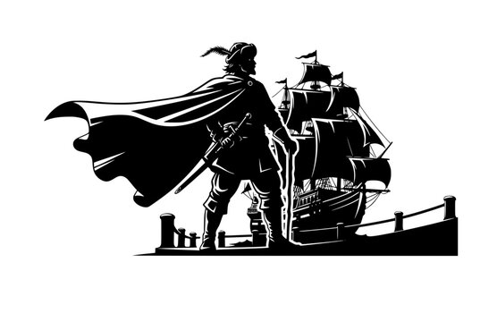 Marco Polo Explorer Silhouette on Ship, Historical Travel and Silk Road Vector Sticker, Adventure and Discovery Icon