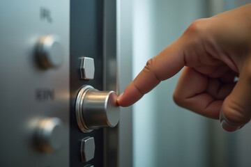 Pressing Elevator Button. Modern Lift Control. Finger On Metal Panel