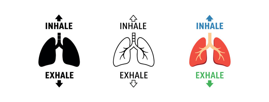 Breathing exercise diagram with lungs and inhale exhale arrows wellness and self care icon vector icon set three styles: black solid silhouette thin black outline and flat colored with