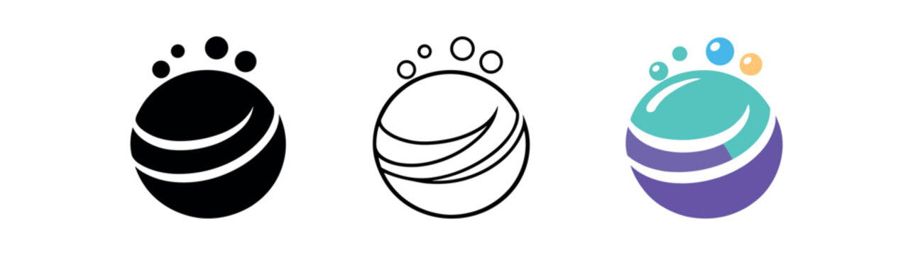 Bath bomb round fizzing ball with swirl pattern home spa and bath icon vector icon set three styles: black solid silhouette thin black outline and flat colored with solid fills. Clean