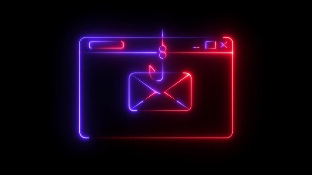 Neon Email Phishing Scam Icon Isolated on Black Background. Fishing hook stealing envelope from browser window. Concept of email phishing and email scams representing online fraud and cyber threats.