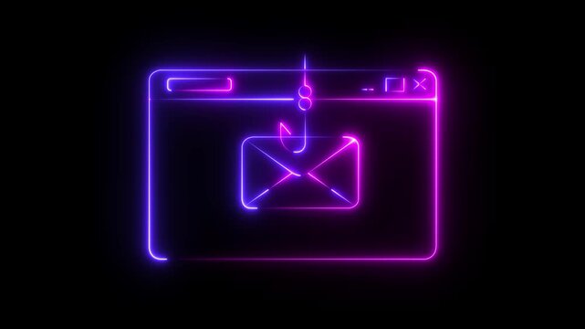 Neon Email Phishing Scam Icon Isolated on Black Background. Fishing hook stealing envelope from browser window. Concept of email phishing and email scams representing online fraud and cyber threats.