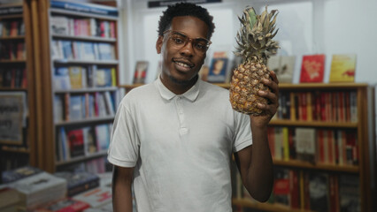 Man holding a ripe pineapple in a library building near tall bookshelves while looking at its texture  curiosity. © Krakenimages.com